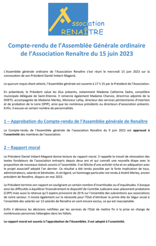 Compte-rendu de l’Assemblée Générale ordinaire de l’Association Renaître du 15 juin 2023