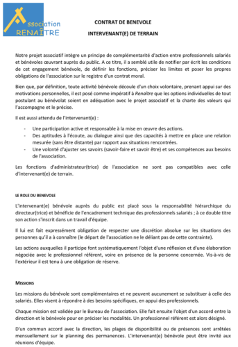 Association Renaître - Contrat de bénévole